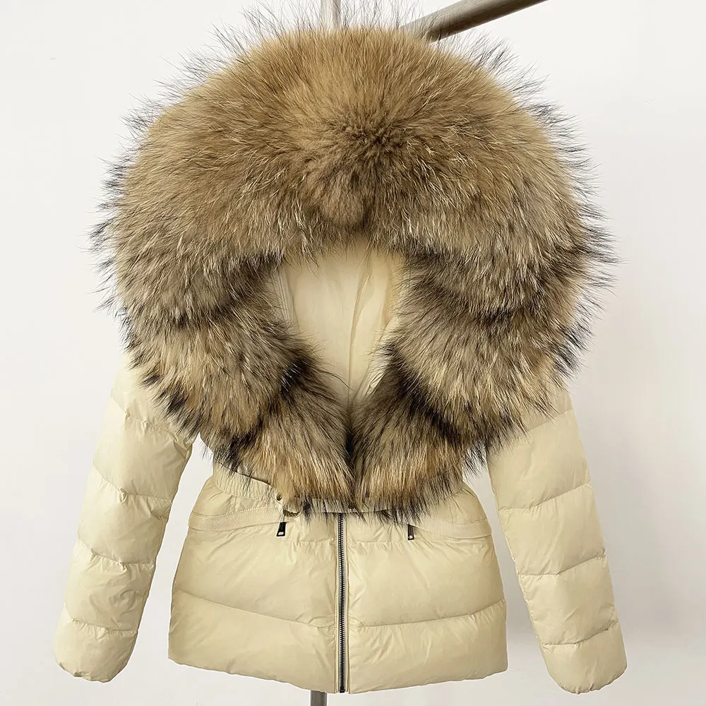 Nouveau 2025 hiver femmes à capuche blanc canard vers le bas manteau naturel réel raton laveur renard fourrure col veste ceinture épais chaud vêtements d'extérieur décontractés