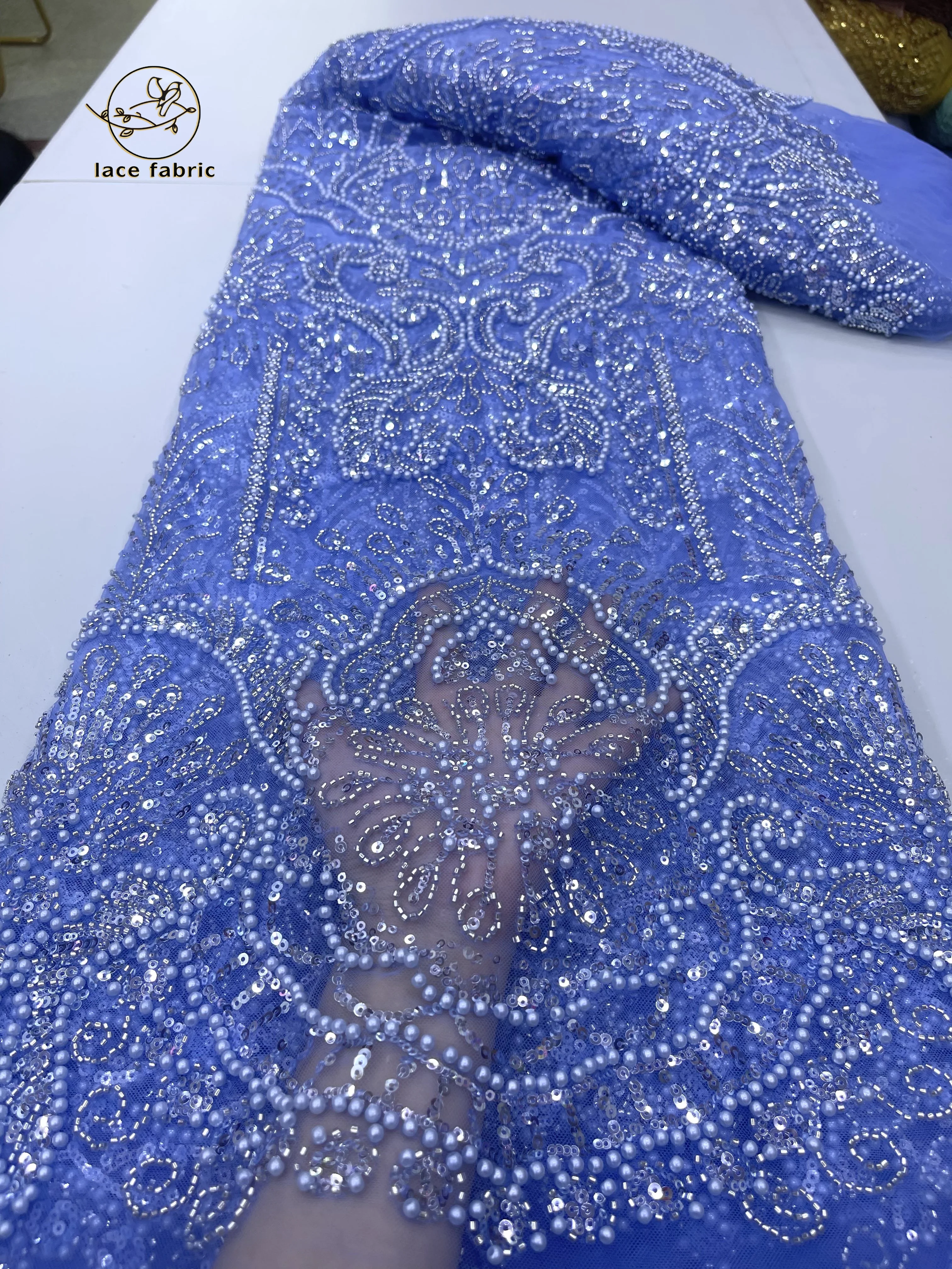 

Luxury French Beaded Lace Bride Fabric 5 Yards 2024 High Quality African Sequin Lace Fabric Nigeria Mesh Wedding Dress for Women