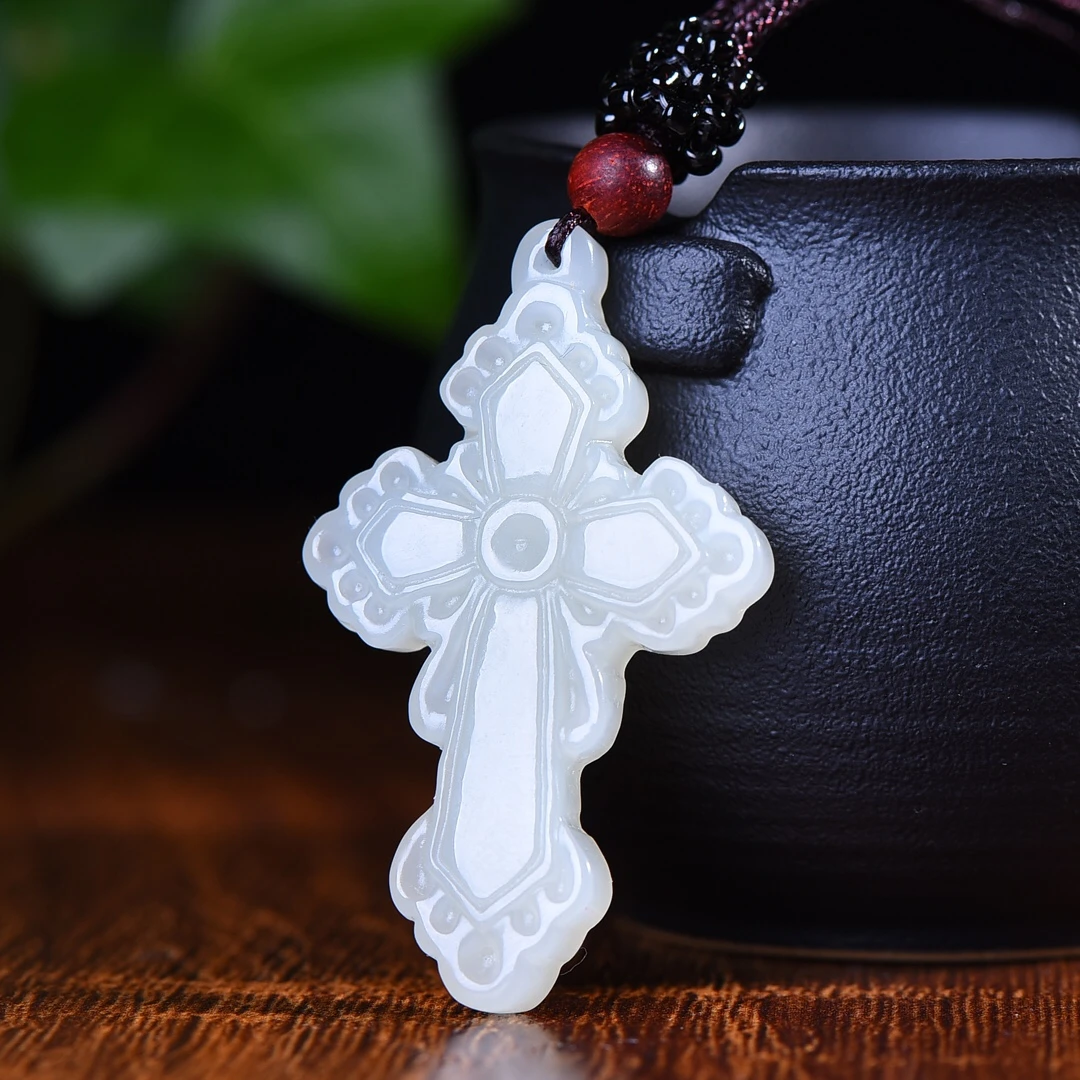 Collar con colgante de cruz de Cristo de jade blanco de nefrita auténtica de China, joyería fina para mujer, amuleto de la suerte de jade Hetian certificado