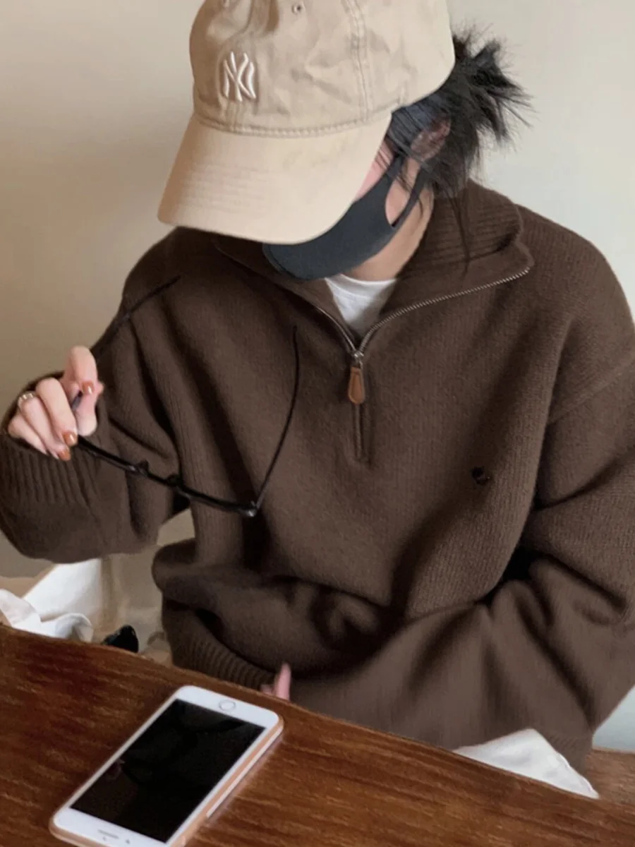 

Корейский вязаный свитер с воротником-стойкой на молнии для женщин, осенне-зимний, универсальный, в стиле ретро, топ для сочетаний