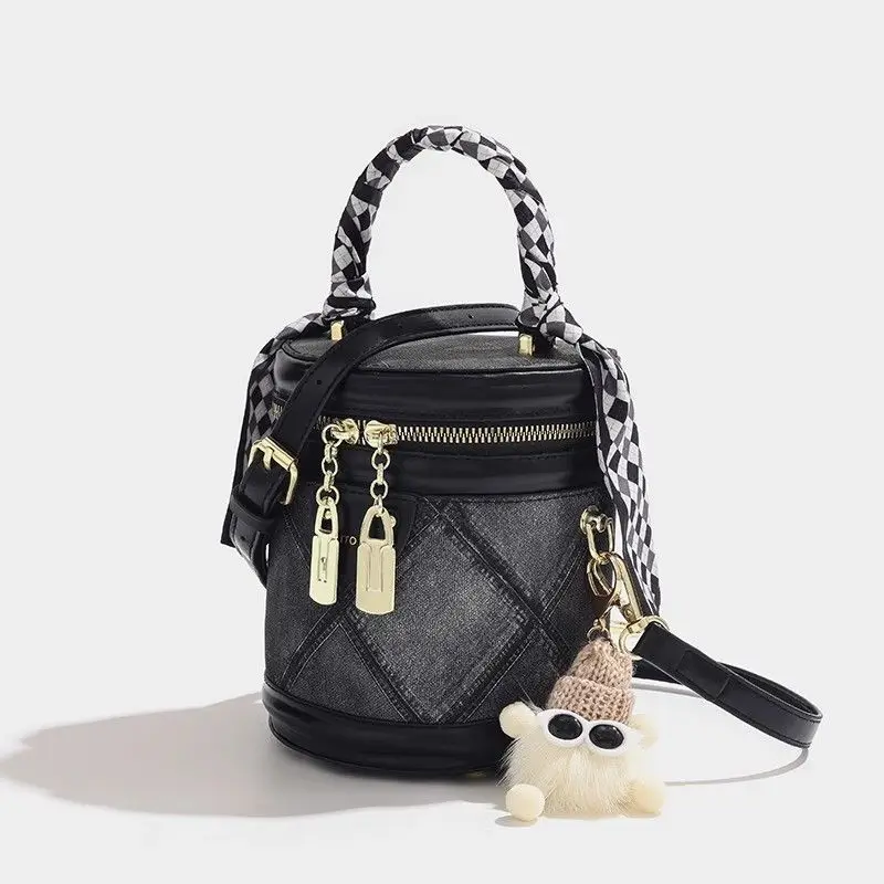 

JIAERDI Ретро стеганая сумка с лентой, женская цилиндрическая лоскутная сумка на плечо большой вместимости, женские модные сумки через плечо в стиле Харадзюку