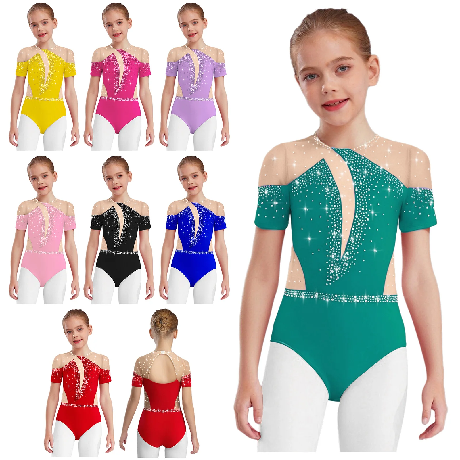 

Kids Girls Rhinestones Gymnastics Jersey Shirt Tops Yoga Leotard Sheer Mesh Patchwork Sport Ballet Dance Bodysuit Dancewear