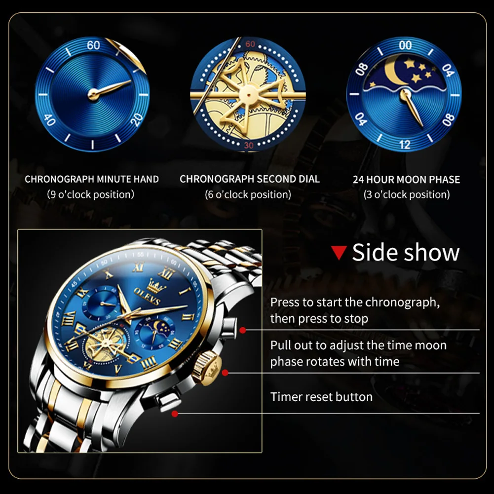 OLEVS Men\'s Watches Tourbillon Style Trend Fashion Original Quartz Wristwatch Waterproof Luminous Chronograph Moon Phase Clock