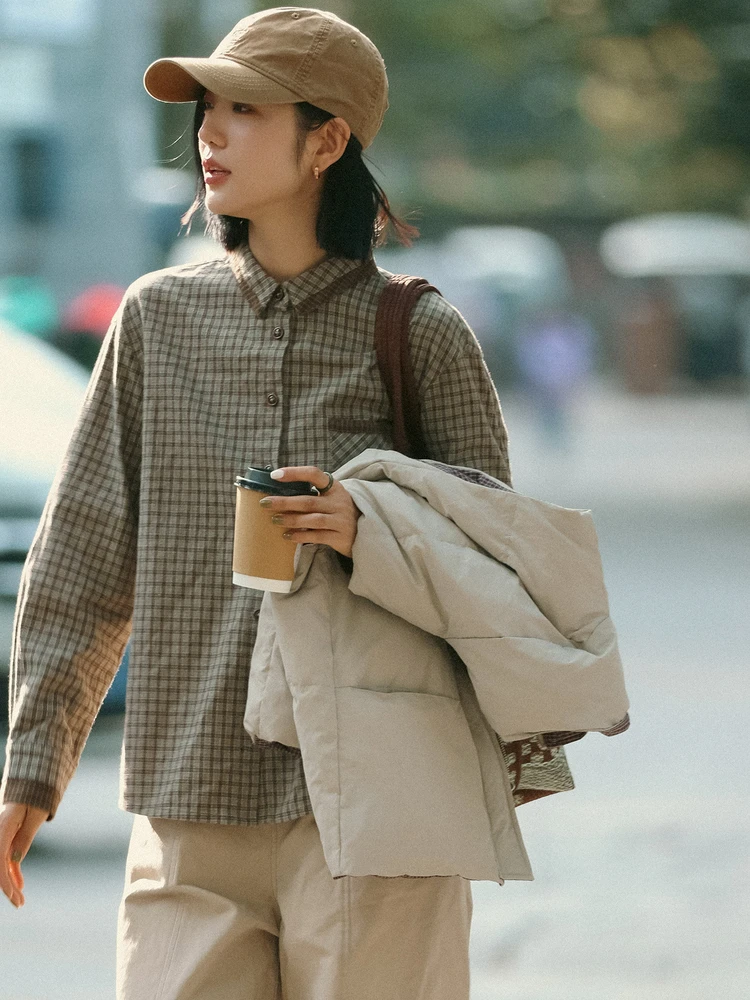 

Cotton Plaid irt Women's Autumn Winter Faion Color Splicing l Color Straight Tube Long Sve Button up irt