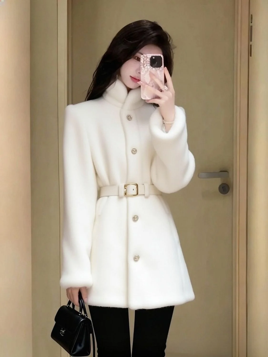 White Fluffy Outerwear Women's 2025 New Winter Elegance Luxury Thickened Warm Medium-Length Coat Stand Collar Button Closure