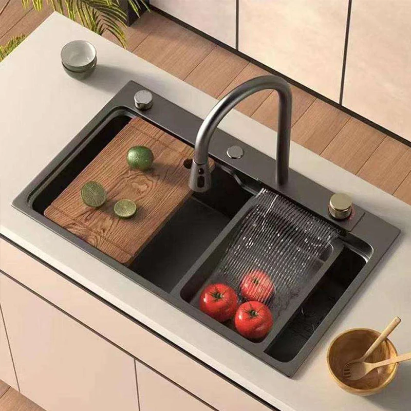 Wash Basin Double Bowl Stainless Steel Handmade Kitchen Undermount Sink With Waterfall Faucet digital display