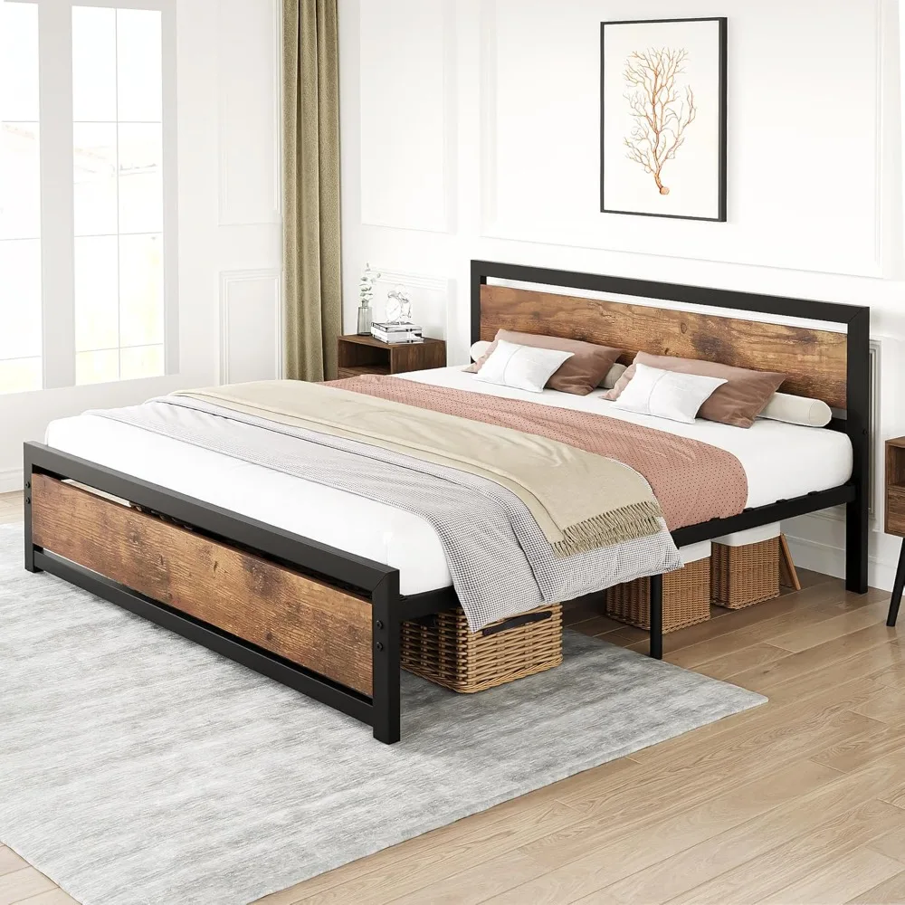 

Bed Frame with Wooden Headboard and Footboard, Metal Full Bed Platform No Box Spring Needed, 14 inch Easy to Assemble Noise