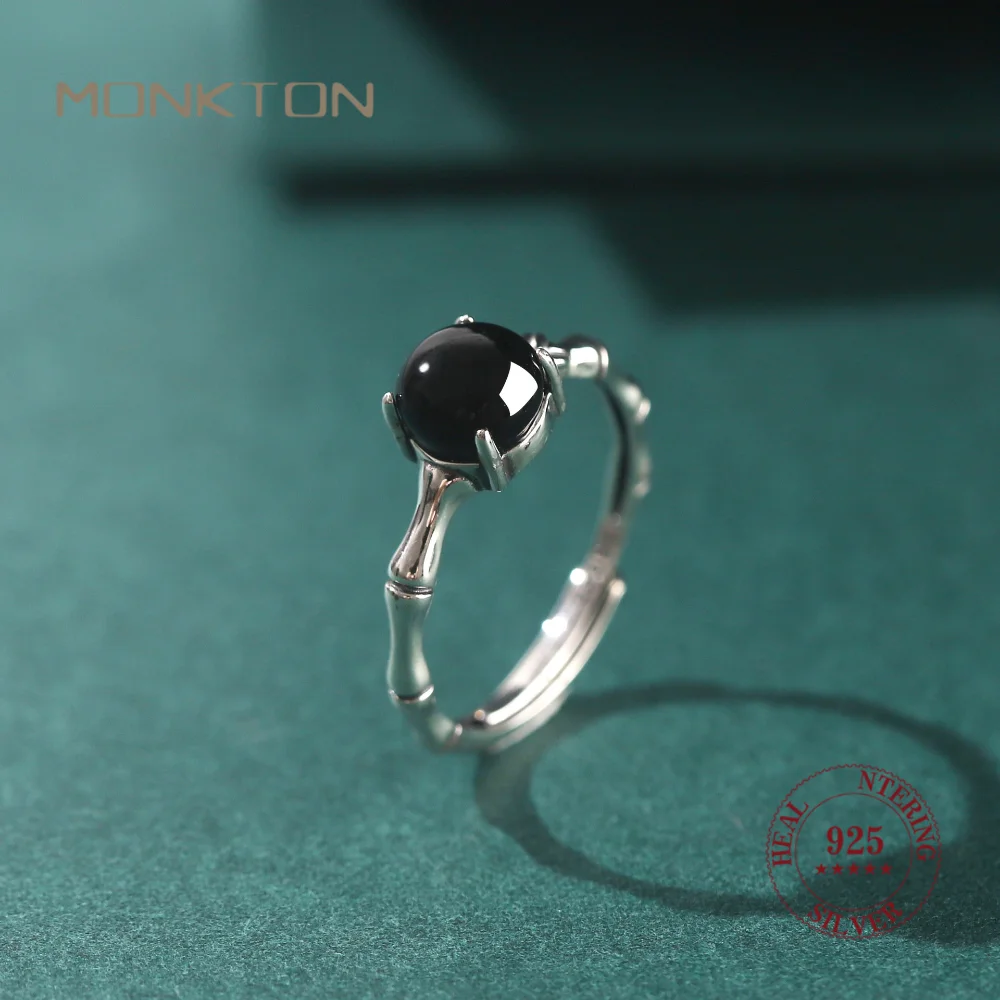 Monkton New In 925 Sterling Silver Black Agate Rings for Women Vintage Bamboo Joint Design Onyx Open Ring Luxury Jewelry Gifts