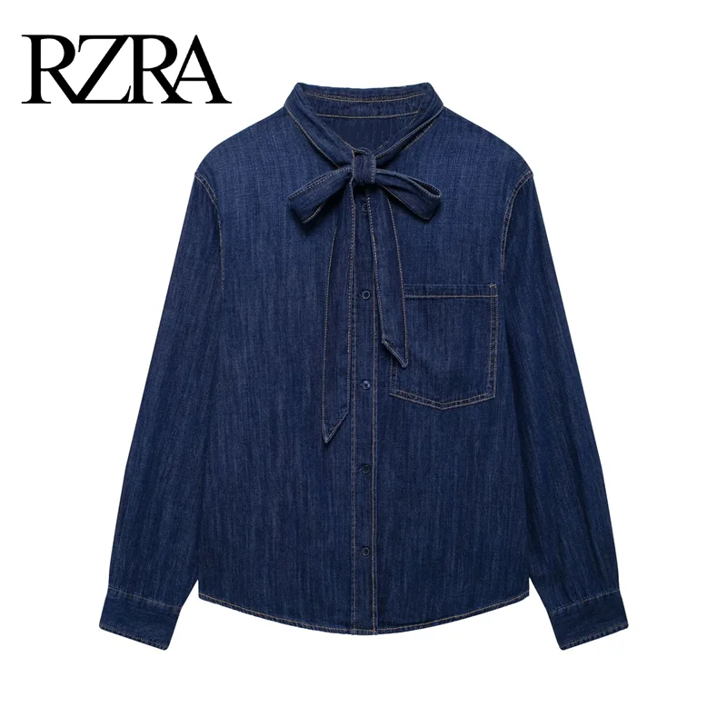 

RZRA original 2024 autumn and winter new women's bow-decorated long-sleeved casual denim shirt chest patch pocket trend