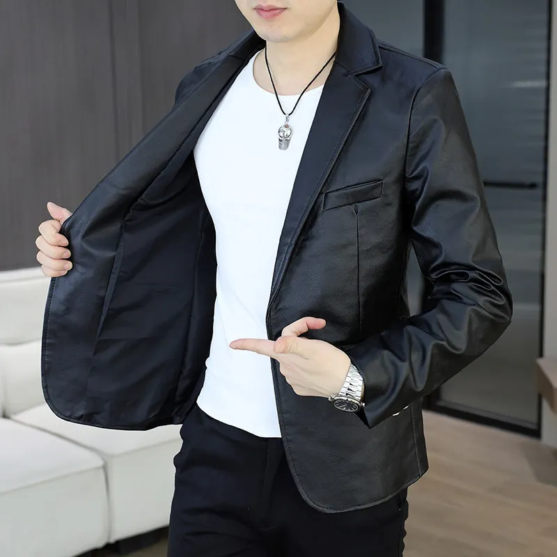 

Мужской кожаный пиджак Slim Fit для молодых мужчин, повседневный, из смесового полиэстера и хлопка, с длинным рукавом, на одной пуговице