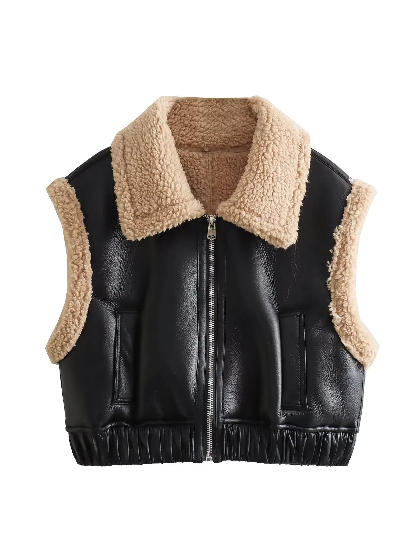 Plus Size Women's Clothing Autumn And Winter Vest Sleeveless Zippered Bomber Vest With Sherpa Interior And Leather Exterior