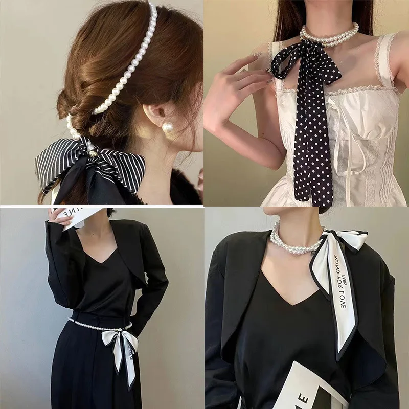 

Французское ретро весенне-летнее жемчужное ожерелье, женский шарф, цепочка на ключицу, галстук для волос, легкое роскошное нишевое ожерелье