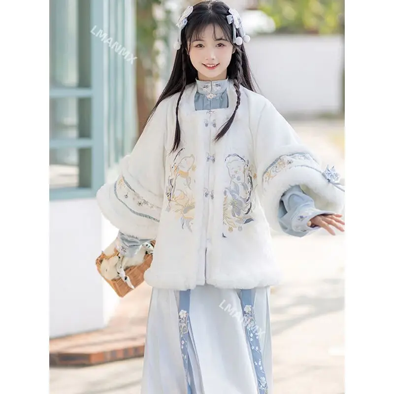 Cloak Hanfu Women's Long Style with Velvet and Thick Warm Coat Chinese Style Hooded Cape Ancient Cape Autumn and Winter Dress