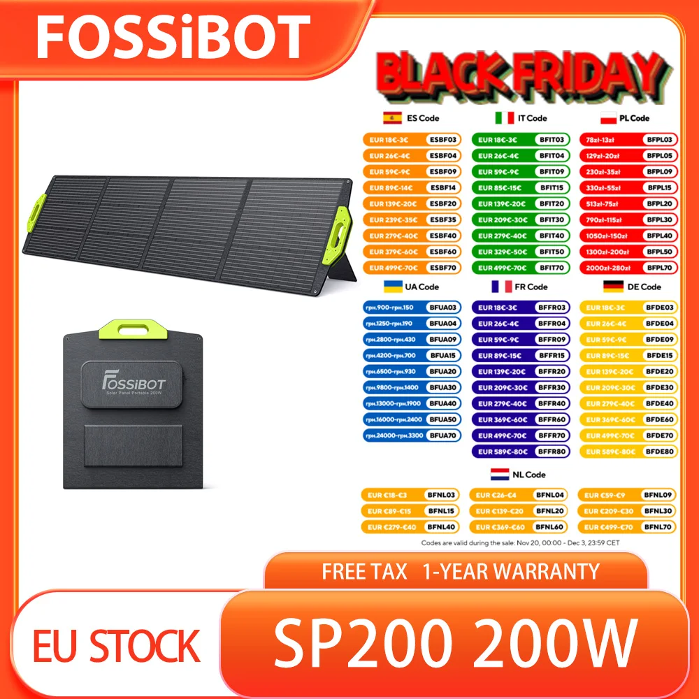 Panneau solaire pliable FOSSiBOT SP200 200 W, efficacité cellulaire élevée de 23,4%, IP67, revêtement ETFE, béquilles réglables pour la maison, camping-car, camping