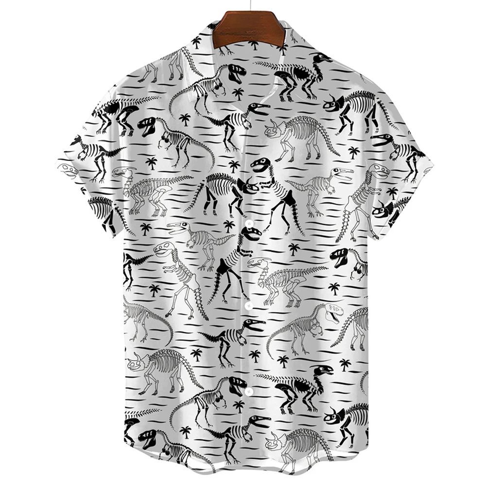 Camisa simples havaiana masculina, desenhos animados fofos, estampa de dinossauro, lapela, extragrande, roupas casuais, manga curta, blusa de animais, moda