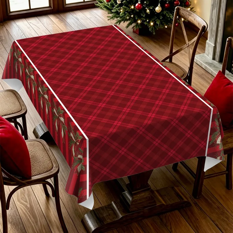 1PCS Christmas Table Runner Wear‑resistant PVC Christmas Table Runner Classic Plaid Festival Table Cover Gathering Atmosphere