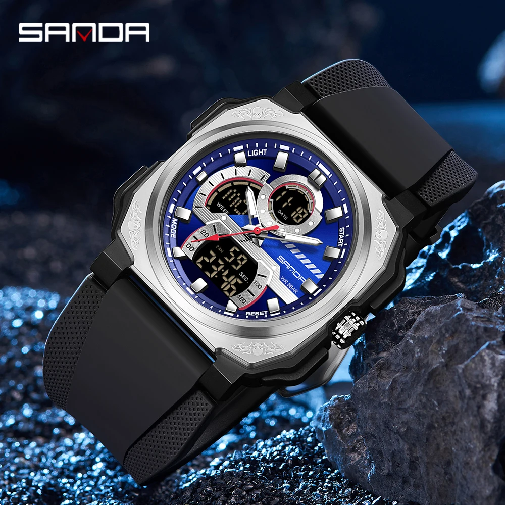 

SANDA3356 Роскошные мужские цифровые кварцевые часы, многофункциональные водонепроницаемые будильники, мужские квадратные спортивные часы с таймером