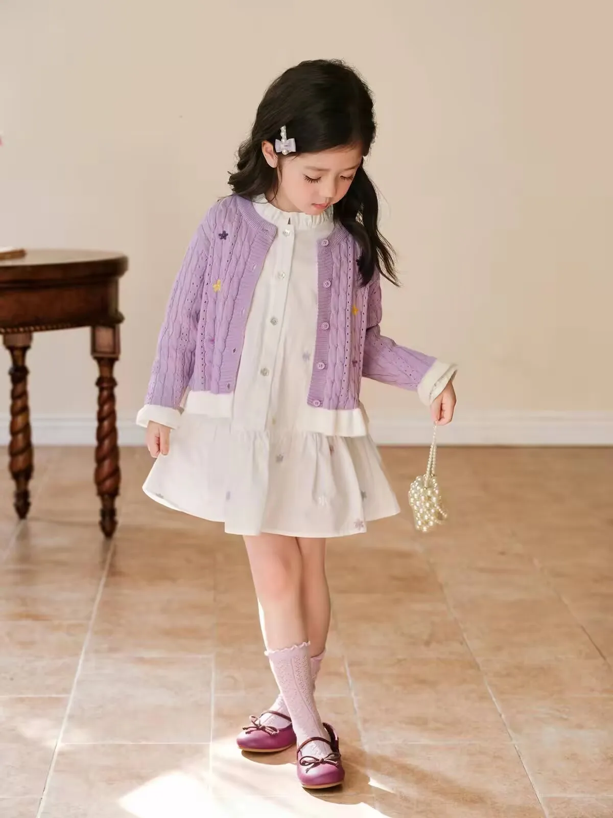 Purple Girl's 2Pcs Fashionable Sweater Coat And Dress Set Spring Autumn Stylish Outfit for Girls