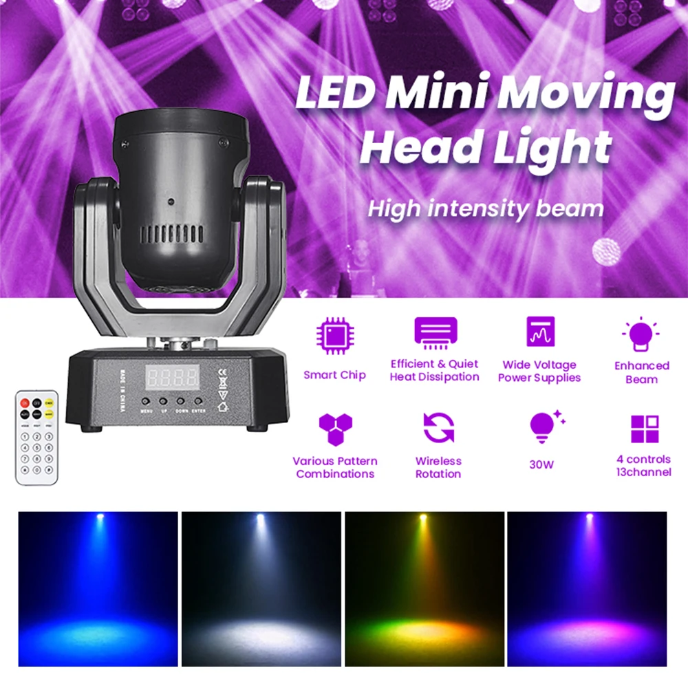 Luz de festa disco de 30W com controle remoto, mini LED beam RGBW rotativo, strobe móvel para DJ, iluminação de palco DMX512 para eventos de clube e dança