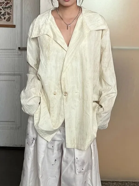 

Korean Sle mat Design Thin Men's irt Cleanfit Wide Collar Unregular Casual Loose Fit Long Sve UV Protection