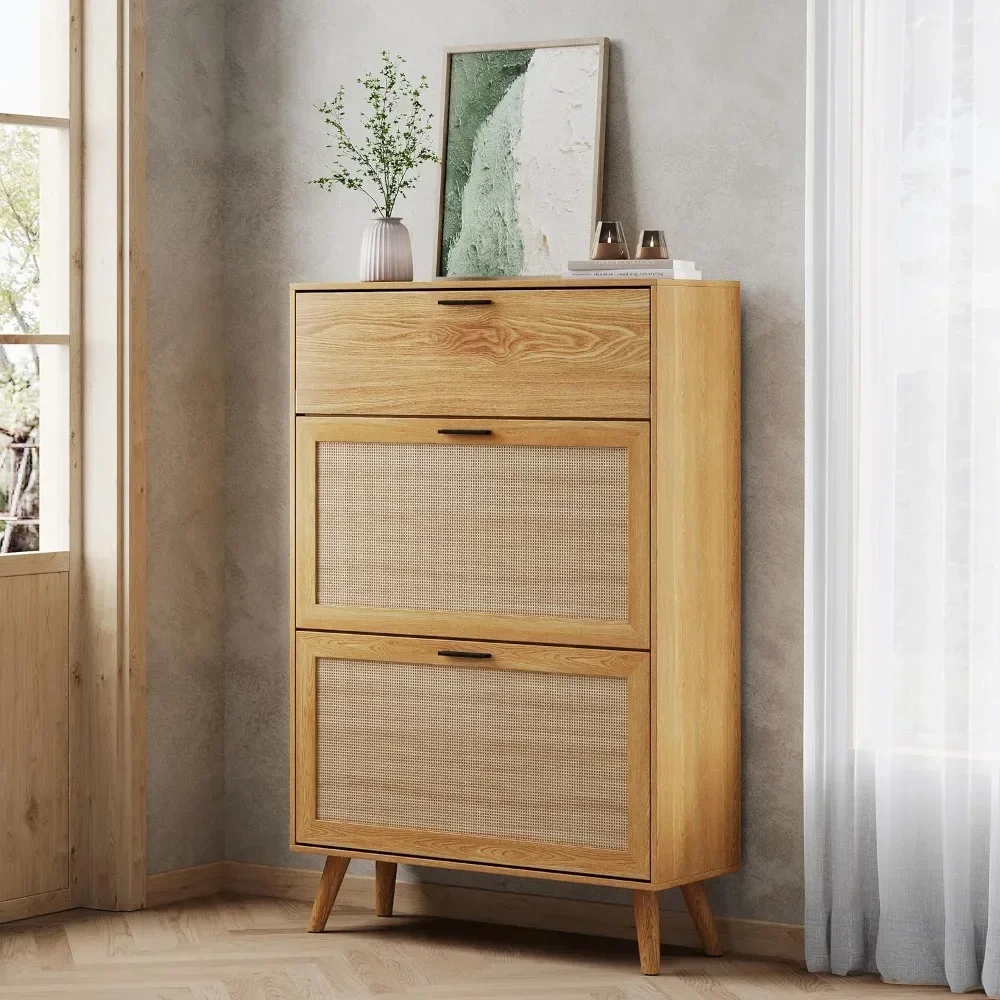 

Natural Rattan Shoe Cabinet, Entryway Shoe Cabinet with 2 Flip Drawers and Hidden Cabinet, Boho Shoe Organizer Cabinet