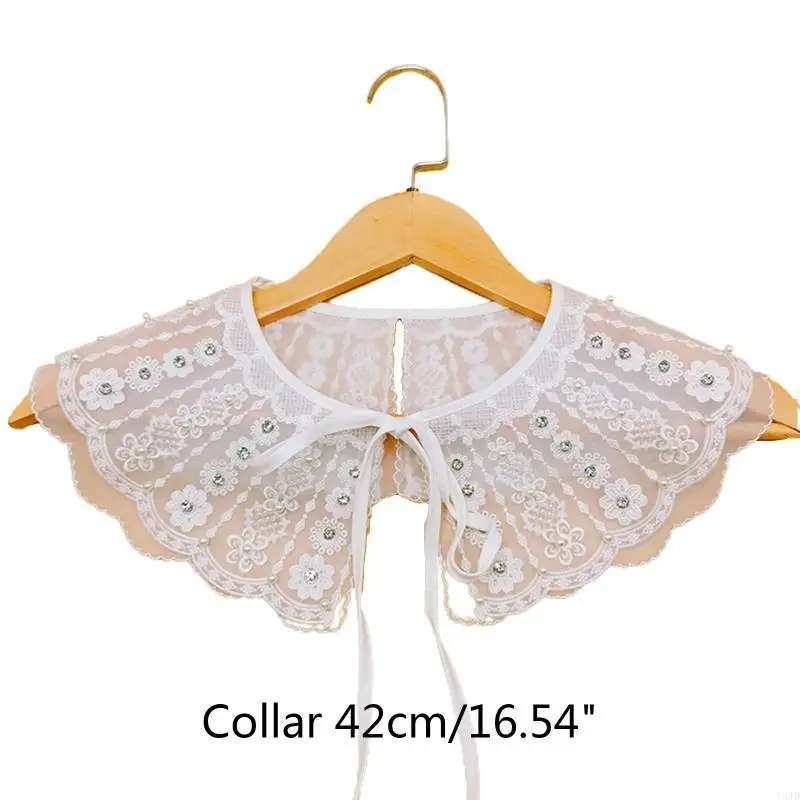 Y5JD Women Scalloped Trim Lace Fake Collar Shawl Embroidery for Rhinestone