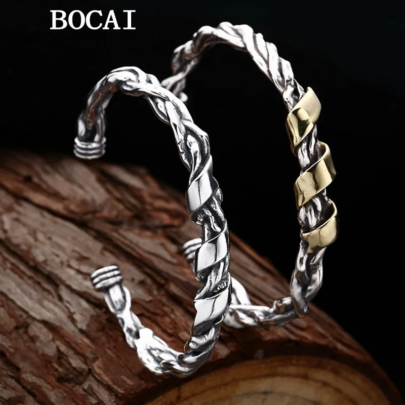 

BOCAI New S925 Sterling Silver Vintage Personalized Ribbon Open Bracelet Ladies Gift