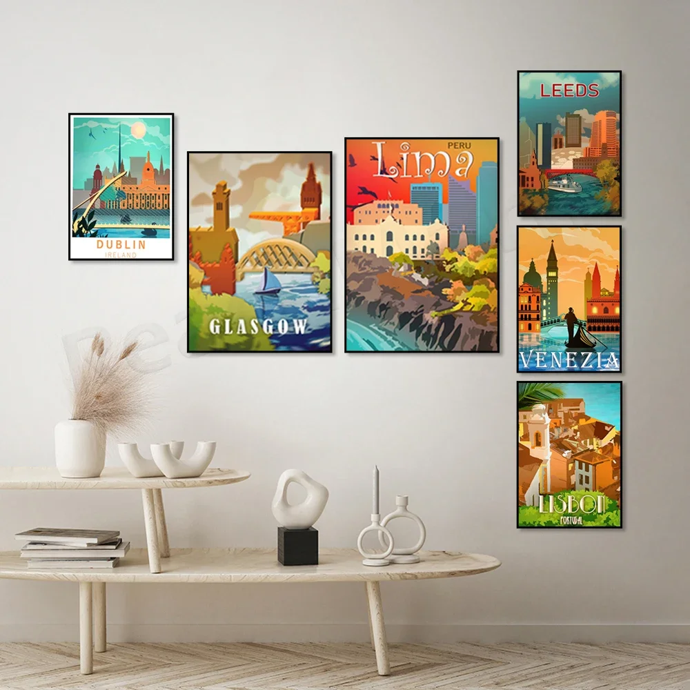 ملصقات السفر مع أفق تورونتو، لشبونة، ليما بيرو، ليدز، بودابست، أيرلندا دبلن، كارديف ويلز المملكة المتحدة، البندقية، نوريمبرغ #3