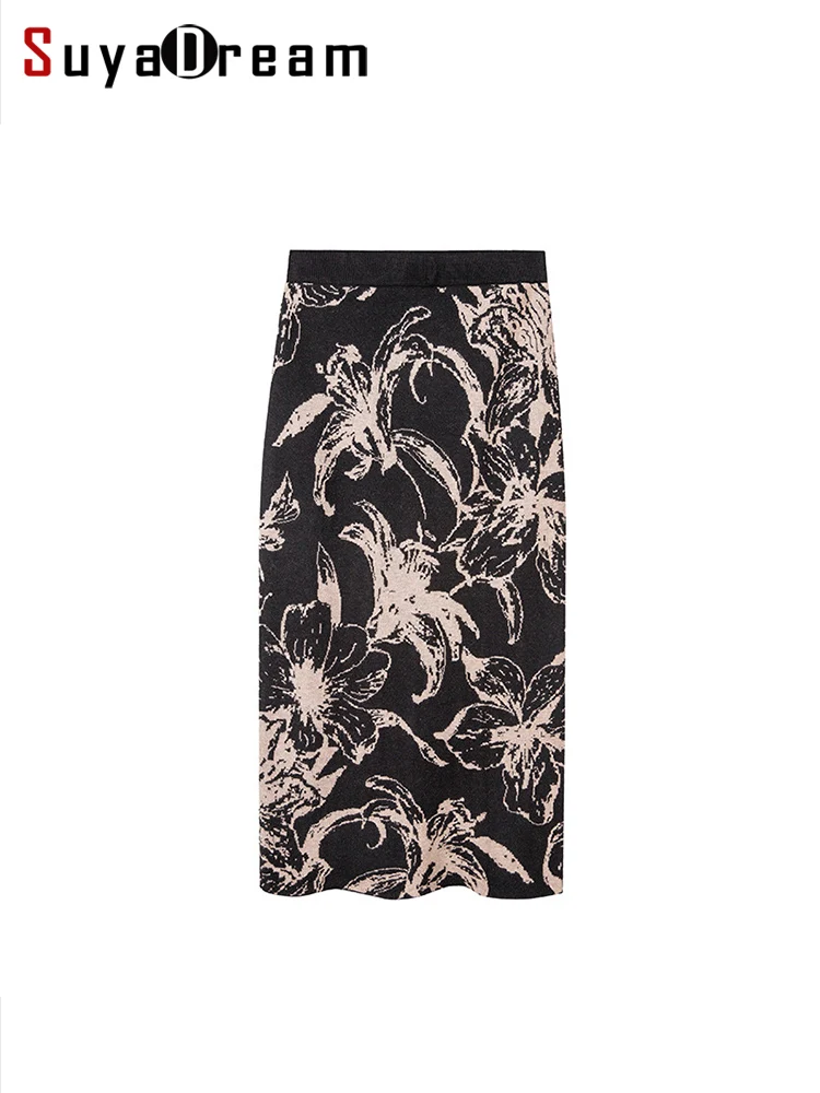 

SuyaDream Women Floral Skirt Jacquard Woolen Knitted Slim Long Skirts 2023 Autumn Winter Warm Under Dress Black