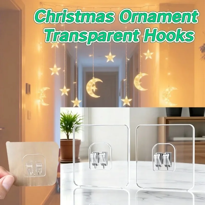 5-80pcs Wall Adhesive Hooks Transparent Wire Shelf Rack Hook Wall Mount Free Punch Kitchen Bathroom Christmas Light Hooks
