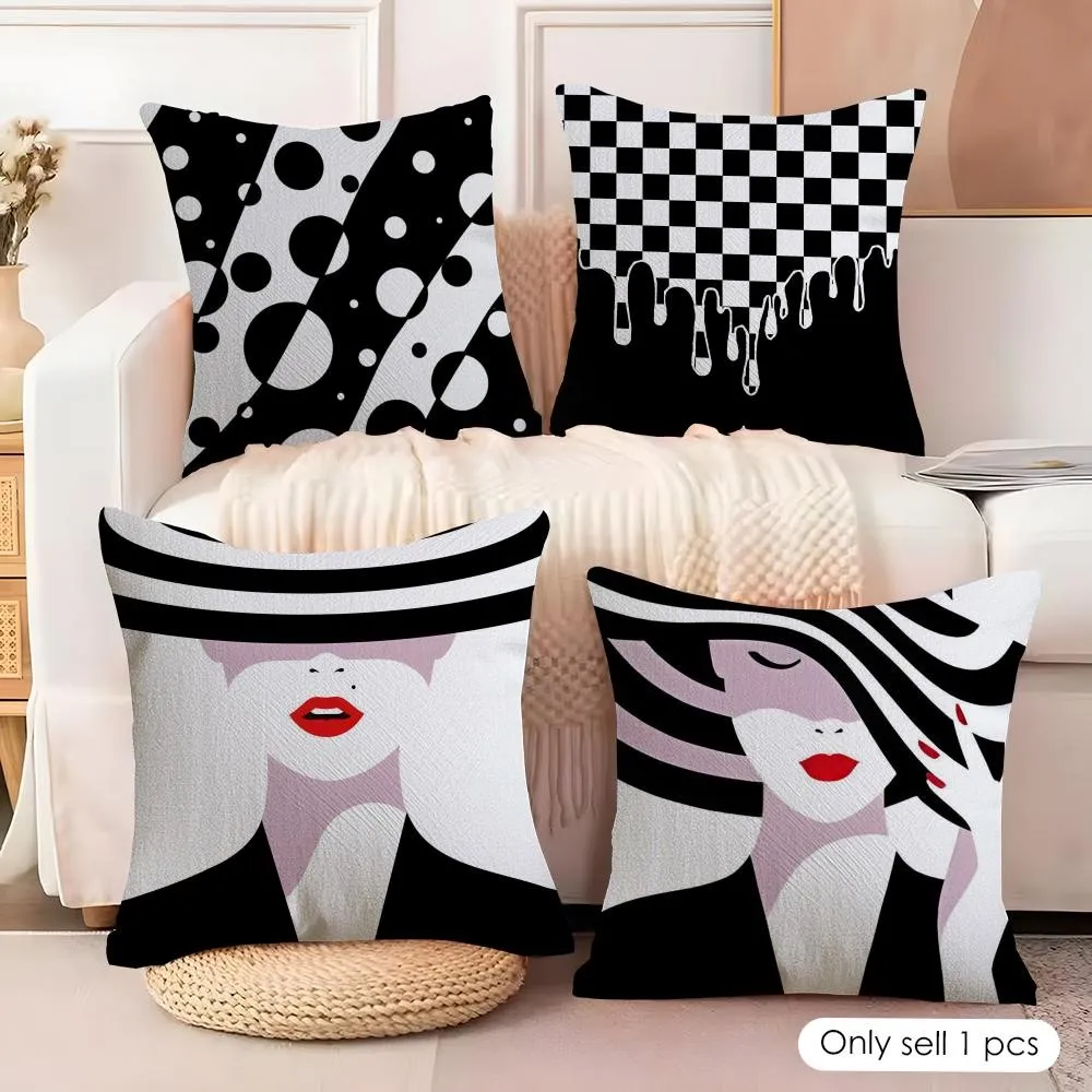 1Pc Fashion Advanced Black White Pattern Throw Pillow, Double-Sided Printing Design, Soft Plush Cushion with Insert,Perfect Gift