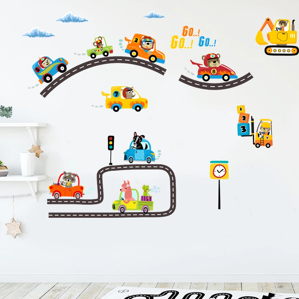 Interesting cartoon racing traffic lane wall sticker for kids room children bedroom decals vivid poster Decor murals Beby Favors