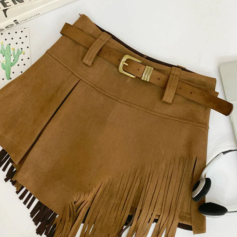 Women Irregular Shorts Retro Suede Fringe Design Straight High Waist Elastic Solid Color Simple Daily Casual Versatile Shorts