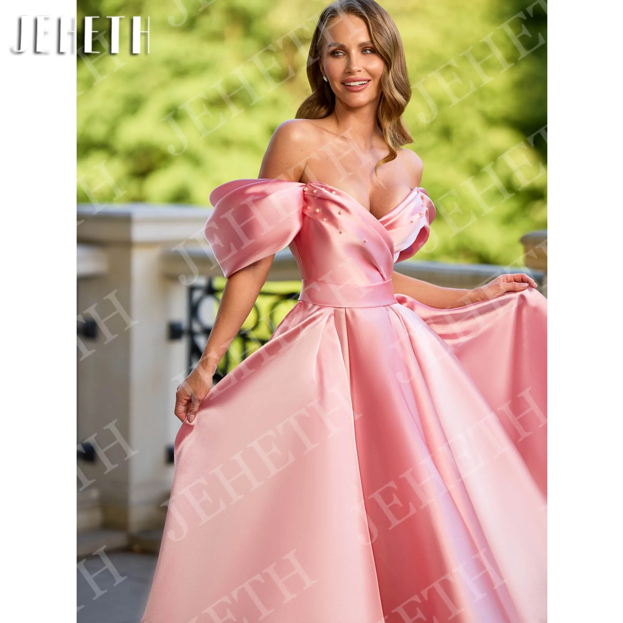 فستان JEHETH أنيق مكشوف الكتفين للحفلات الراقصة للنساء مطوي بسيط على شكل حرف A لؤلؤ على شكل حرف V من الساتان للحفلات المسائية حسب الطلب أنيق قبالة الكتف فستان حفل الرقص للمرأة طي بسيطة خط اللؤلؤ V رقبة الساتين فساتين ح