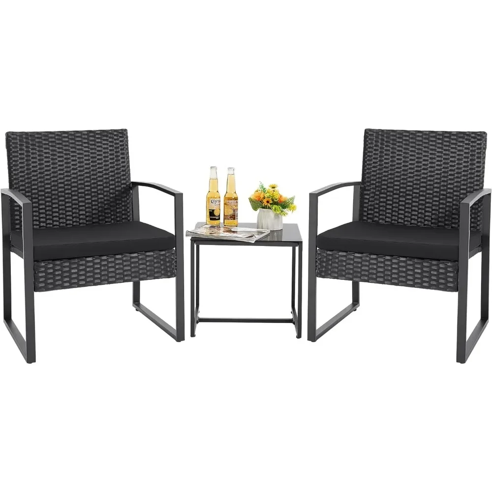 

Patio Furniture Sets 3 Pieces Conversation Set with Coffee Table Patio Wicker Rattan Chairs Set Bistro Sets for Garden(Black)