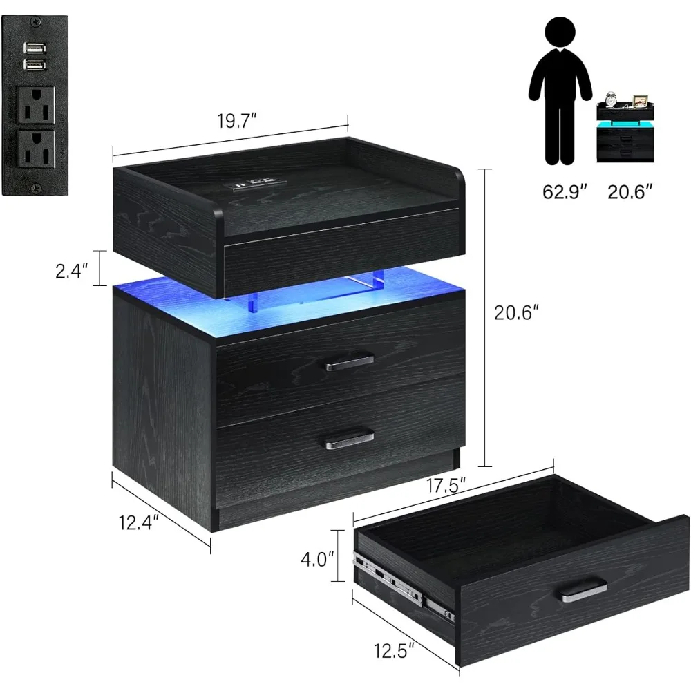 Acrylic Float Nightstand With Voice-Activated Mode Bedroom Bedside Table Side Table End Table With 2 Drawers (Black) Furniture