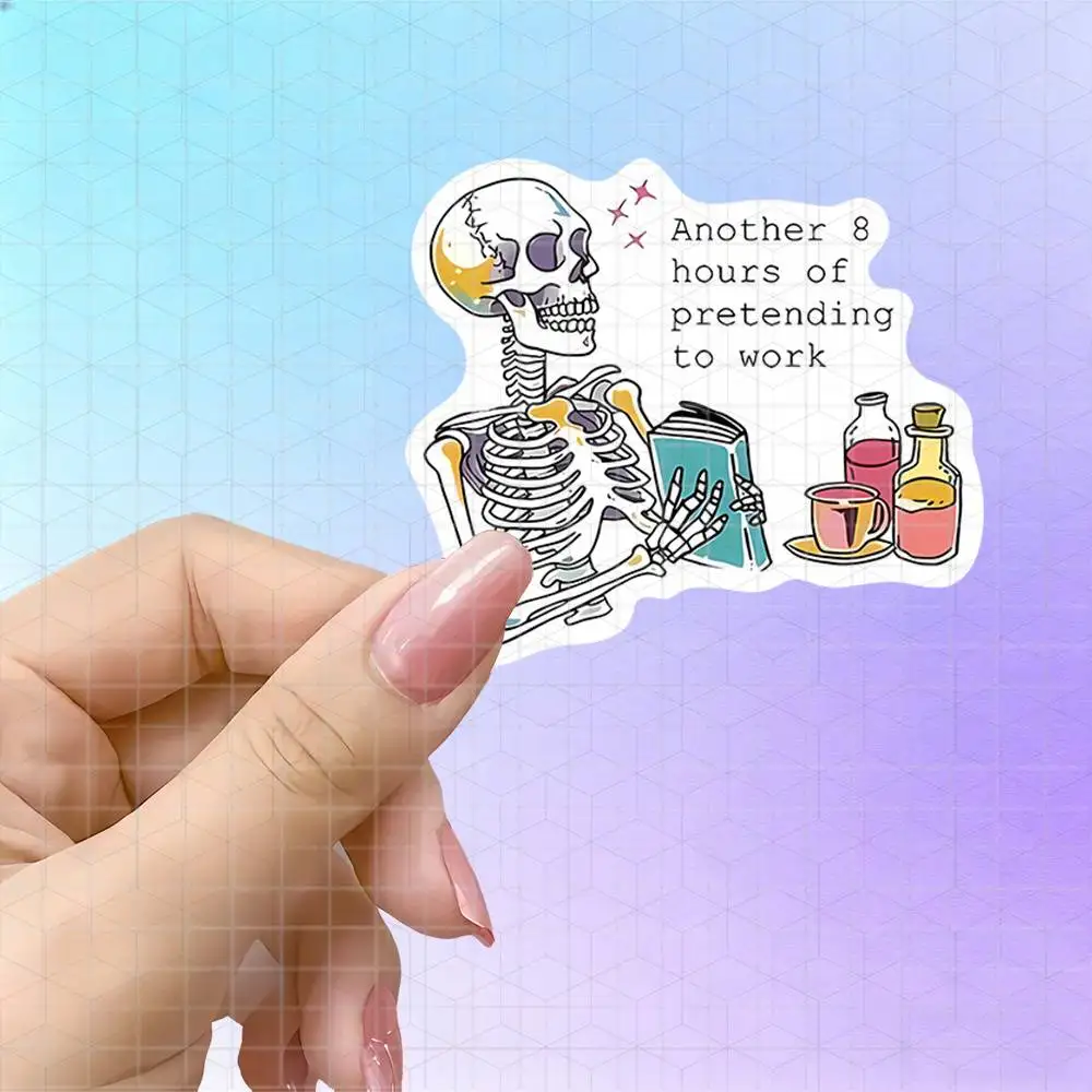 Relaxed Reading Skeleton Office Worker Watercolor Vinyl Sticker Matte Decal For Notebook Tablet Journal Luggage Self-Humor