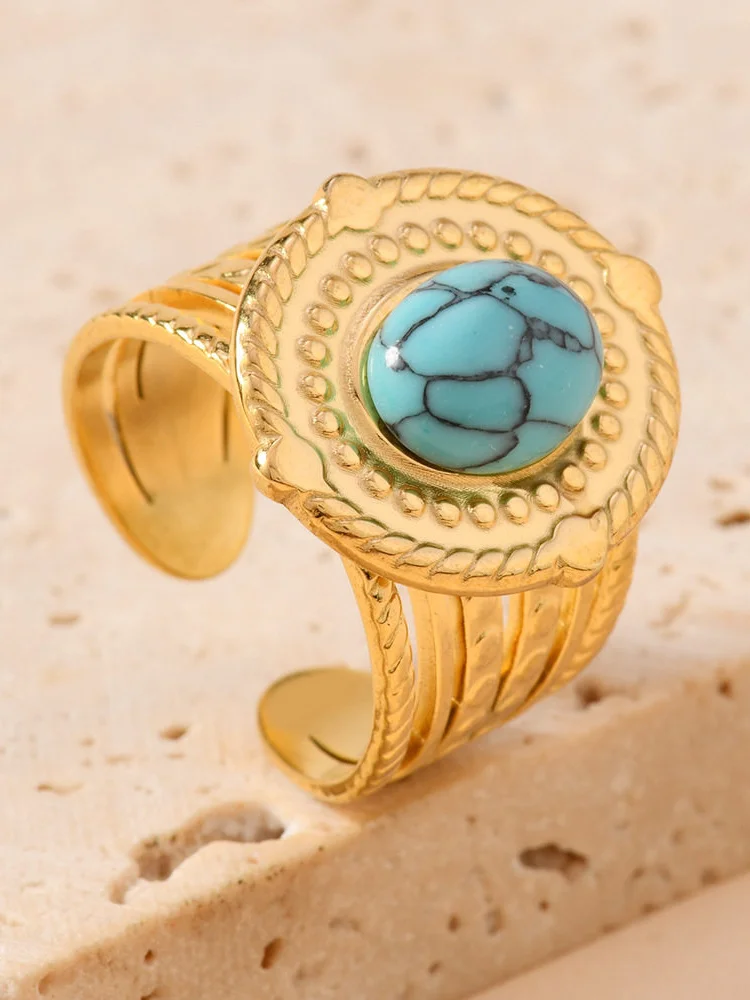 

Кольцо из титановой стали в богемном стиле для женщин: роскошное, с гидролитической синей бирюзой, открытое, модный ювелирный аксессуар