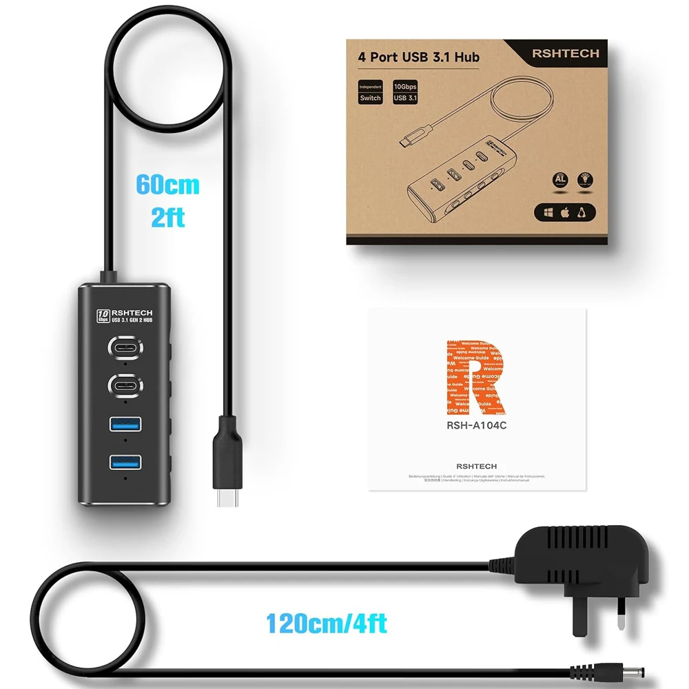 RSHTECH USB C Hub 10Gbps Aluminum 4-Port Type C Splitter with 2 USB-A & 2 USB-C Data Hubs Extensions Adapter for Laptop Computer