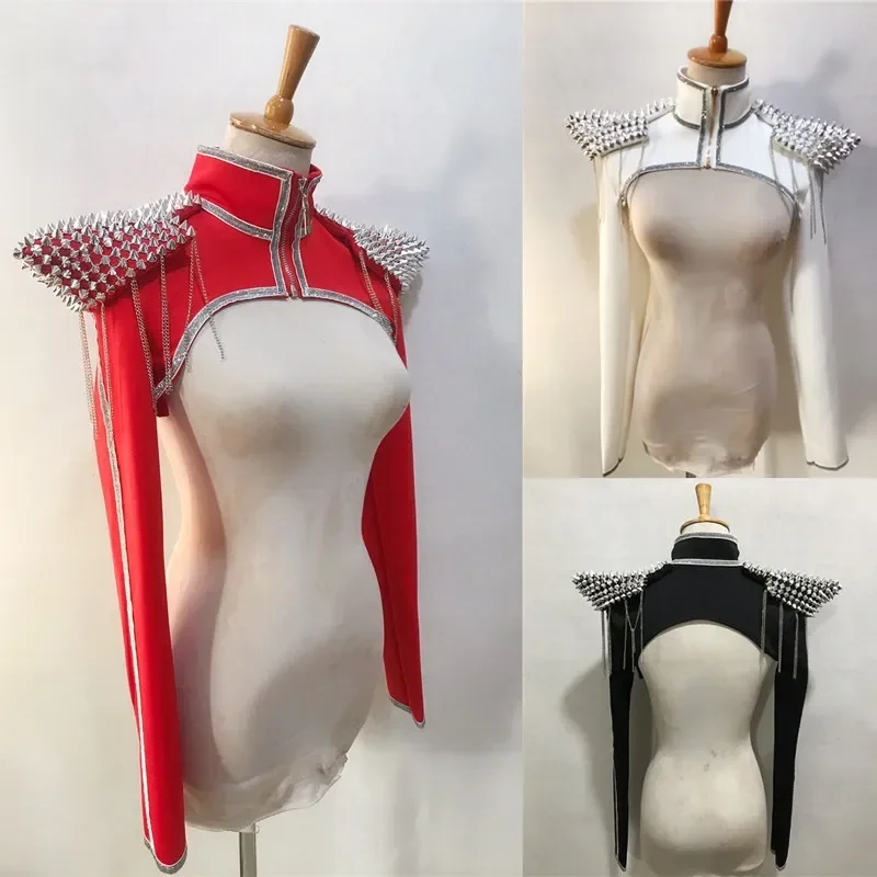 Frauen Jazz Tänzerin Sänger Niet Rüstung Weste Bühne Leistung Zubehör Schwarz Rot Niet Schulter Pads Weste Tanz Kostüm