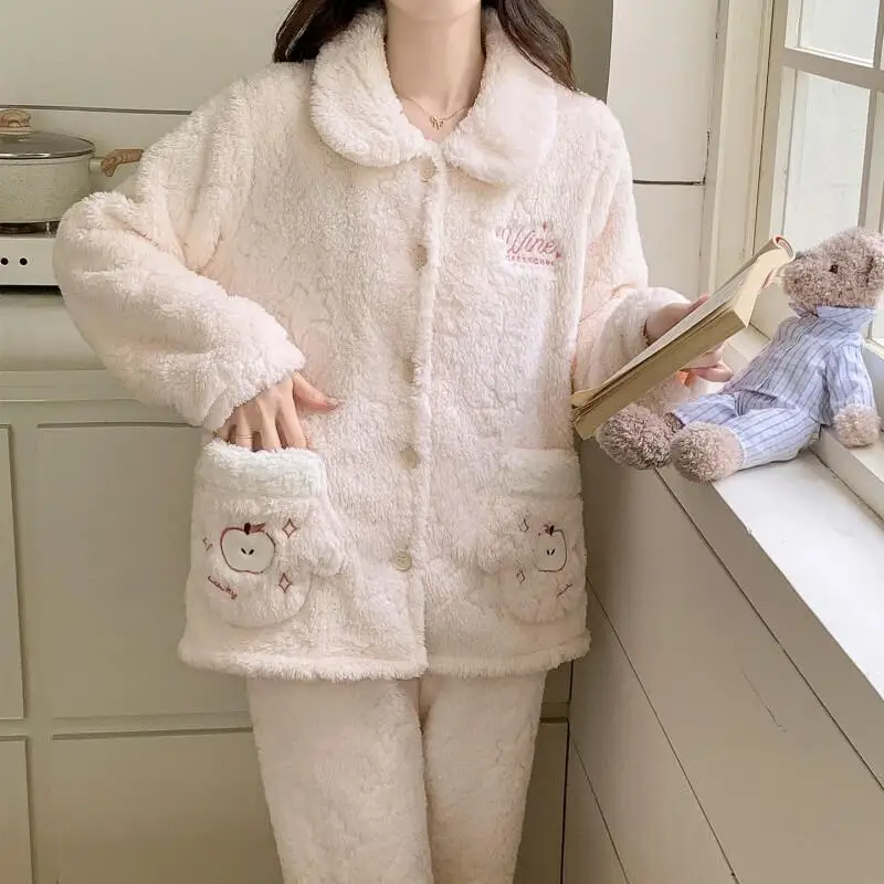 

Women's Pajama Set Christmas Theme Winter Warm Comfortable Sleepwear Flannel Loungewear Home Clothes Pants Two-Piece Set Girl