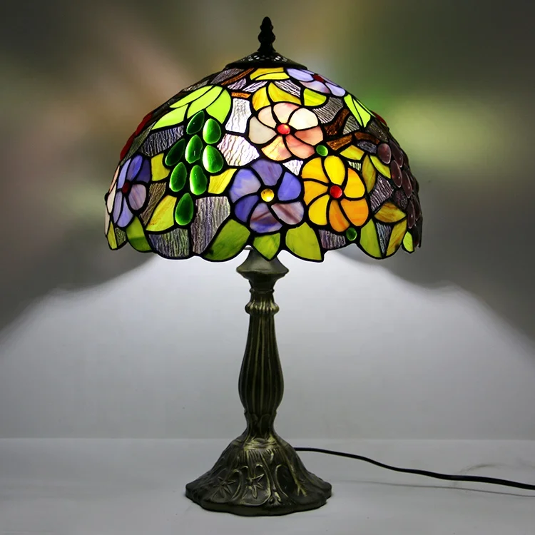 12 Inch Tiffany Style Table Lamp Stained Glass Grape&Daisy Pattern Desk Lamp Shade