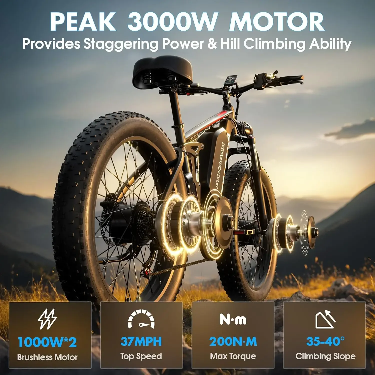 دراجة كهربائية بمحرك مزدوج 3000 وات للبالغين بطارية 52V23AH طويلة المدى 80 ميلًا عالية السرعة 37 ميجا في الساعة 26 بوصة دراجة كهربائية بإطارات عريضة