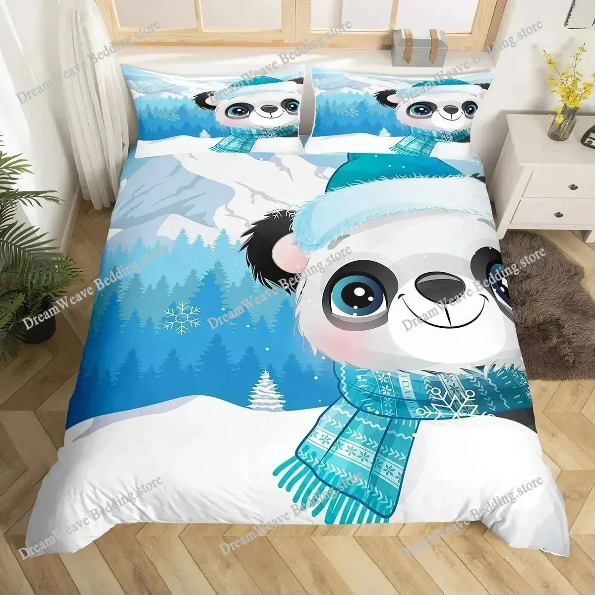 Bedding Decor Panda Duvet Cover Set Animal Comforter Polyester Bedding Set with Pillowcases Starry Sky Blue Ultra Soft King Size