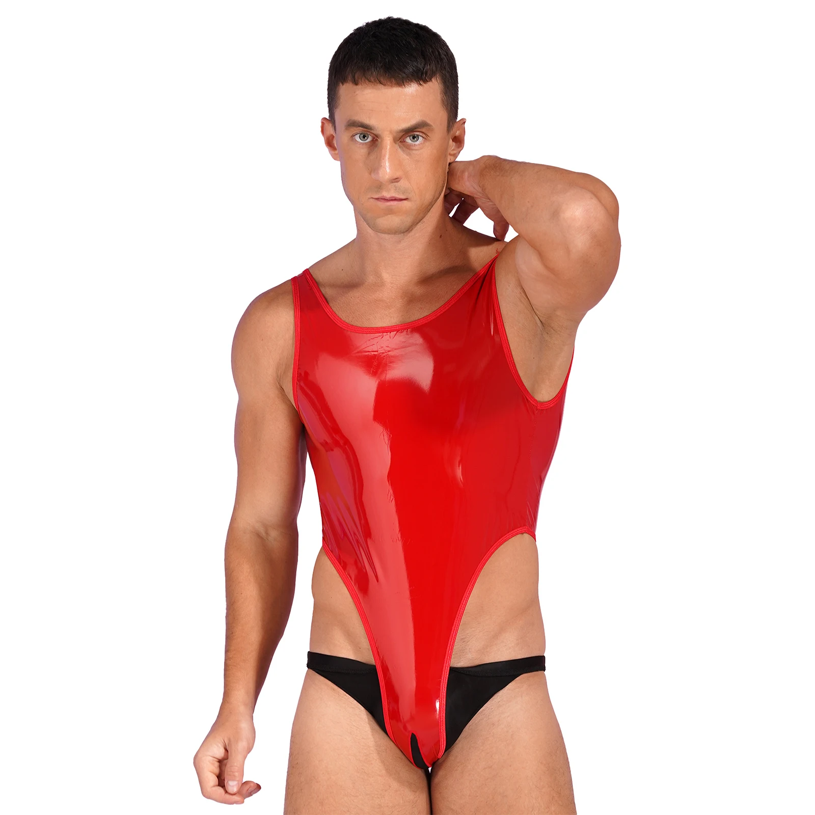 Sexy Mens High Cut Crotchless Patent Leather Bodysuit Catsuit One Piece Wet Look Backless Sleeveless Leotard Clubwear Costume