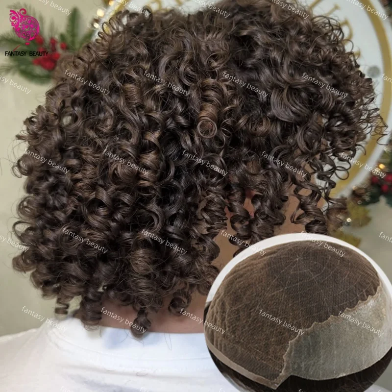 

Q6 Toupee For Men 100% European Human Hair Replacement System Hairpieces 20mm Afro Kinky Curly Swiss Lace Base&PU Toupee For Men