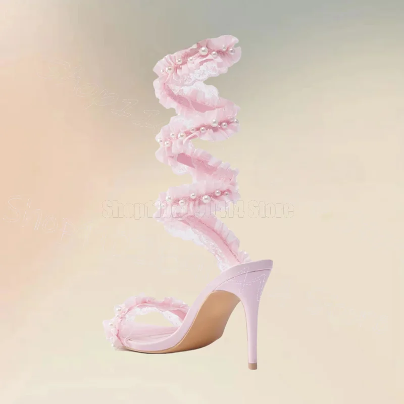 Sandalias de hilo con diseño de perlas Falbala de malla rosa, Zapatos sin cordones Para Mujer, tacones finos, punta abierta, para fiesta y citas, 2025