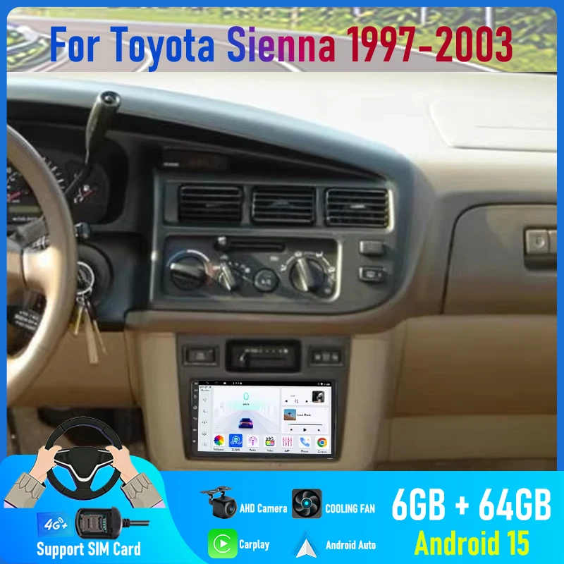 

7'' For Toyota Sienna 1997-2003 Car Radio 4G SIM Rear Camera Android 15 Auto Head Unit Bluetooth Google Map GPS Navi CarPlay