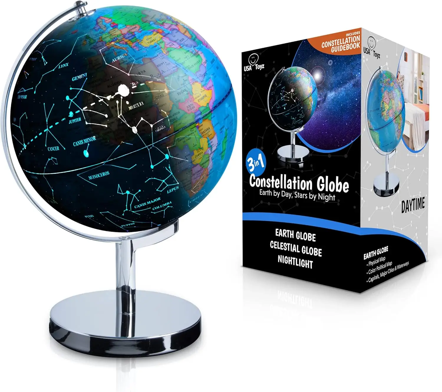 

Illuminated World Globe with Stand - 3-in-1 STEM Globe for Kids & Adults, Constellation Map, LED Night Light, 13.5" Tall, 9" Diameter