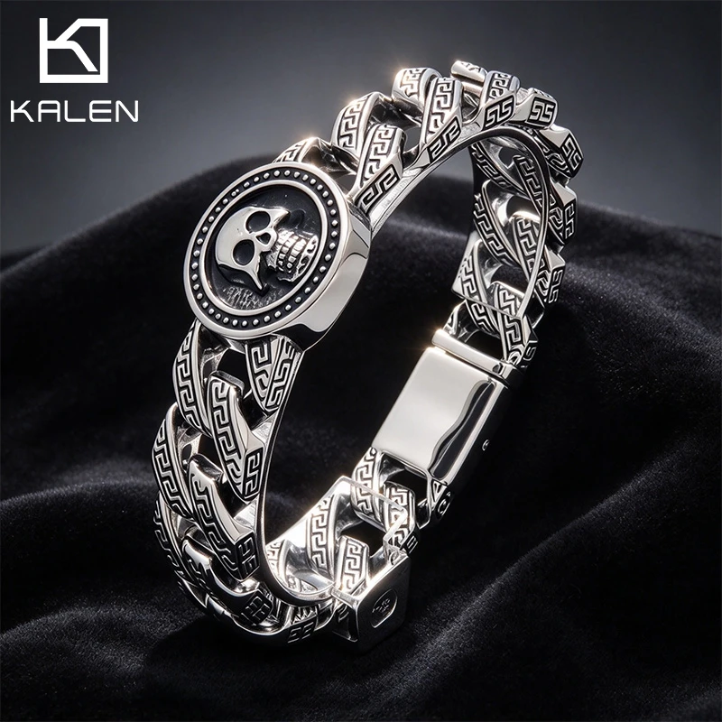 KALEN Vintage Engraved Pattern Skull Bracelet For Men Stainless Steel Gothic Punk Biker Wristband Heavy Metal Rock Jewelry Gift